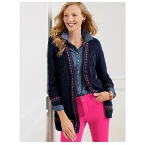 Cable Knit Fair Isle Trim Long Sleeve Talbots Cardigan Sweater Blue Pink Size PM